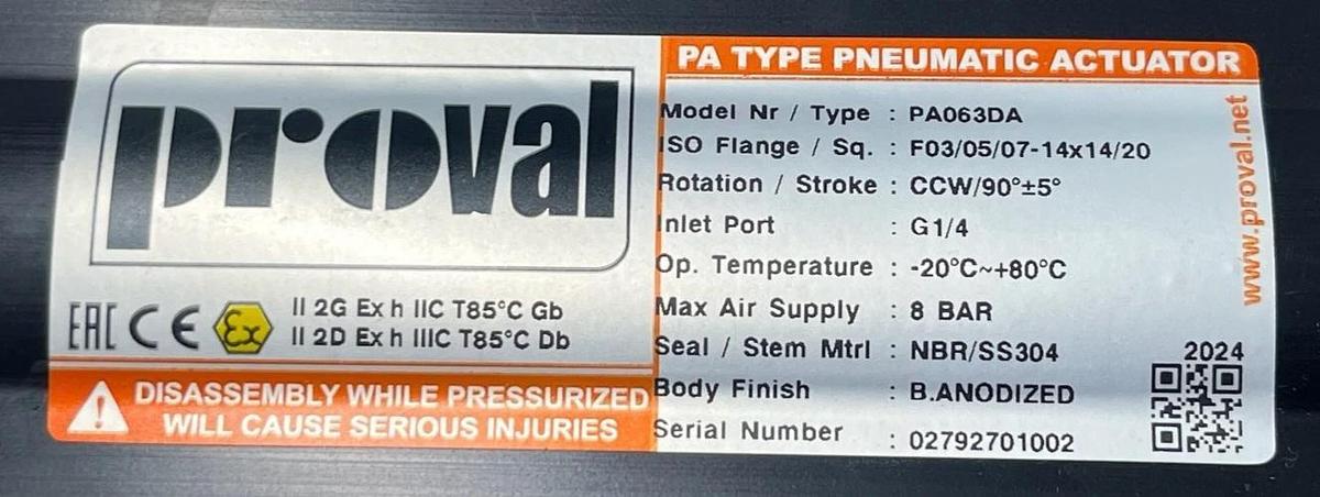 Proval PA063DA A210 Series Double Acting Pneumatic Actuator NSMP