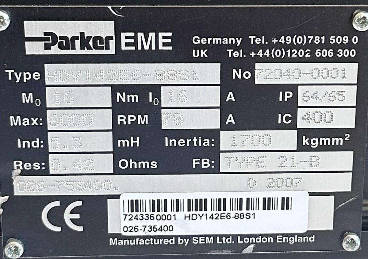 Used NEW PARKER EME HDY142E6-88S1 SERVO MOTOR NO 72040-0001 / 026-735400 / 7243360001