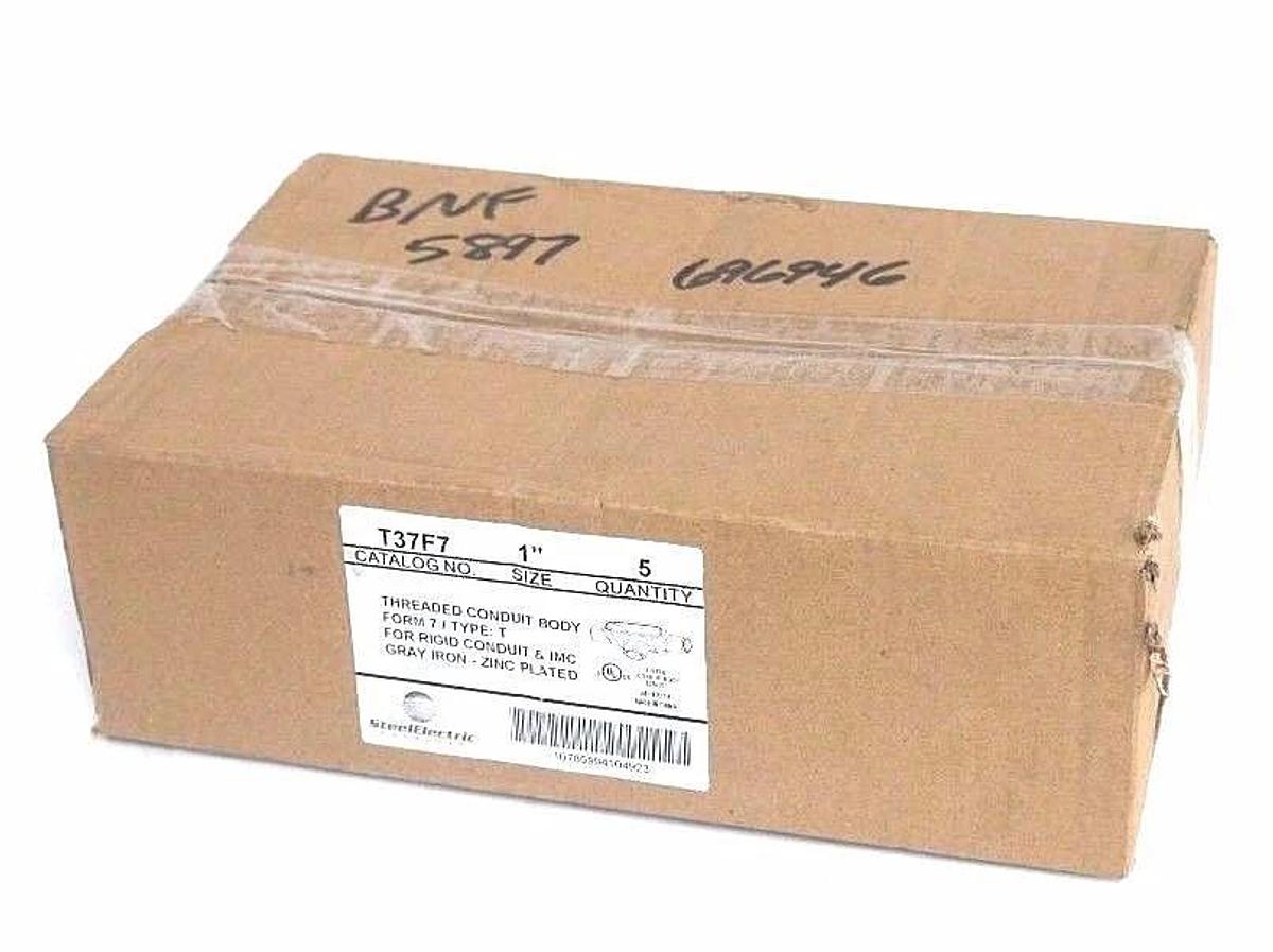 BOX OF 5 NEW STEEL ELECTRIC T37F7 1" THREADED CONDUIT BODIES FORM 7, TYPE T, T37