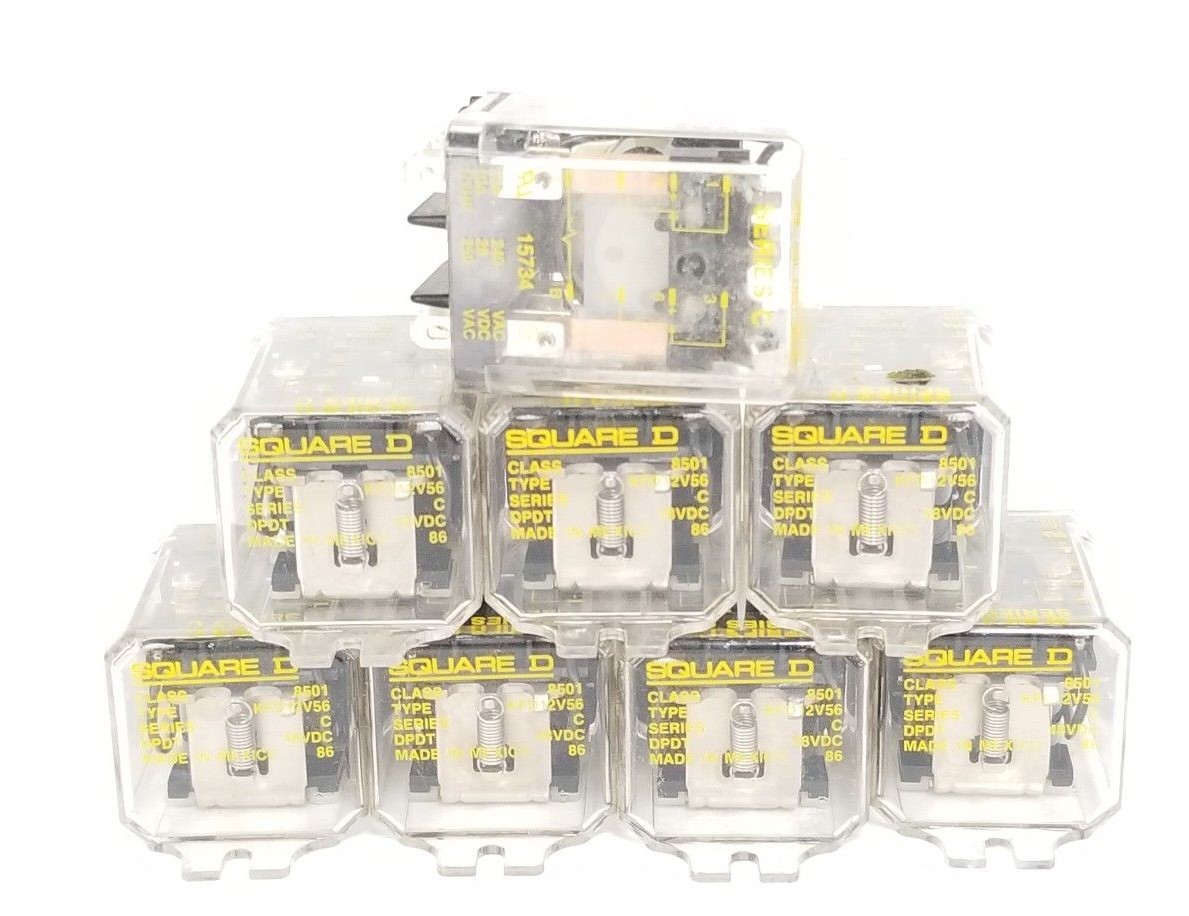 Used LOT OF 8 SQUARE D 8501-KFD12V56 RELAYS, SERIES C, 48VDC DPDT, 15734