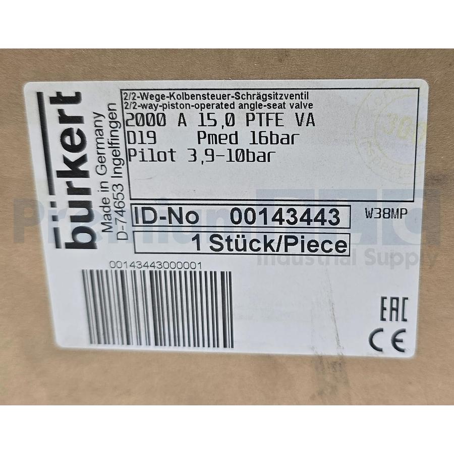 Used BURKERT 00143443 / 143443 TYPE 2000 2/2-WAY PISTON OPERATED ANGLE SEAT VALVE NEW