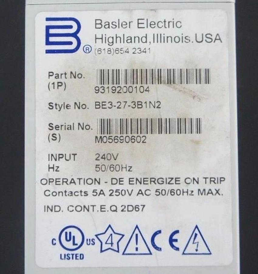 Used NIB BASLER ELECTRIC BE3-27-3B1N2 AC VOLTAGE RELAY BE3273B1N2, 9319200104
