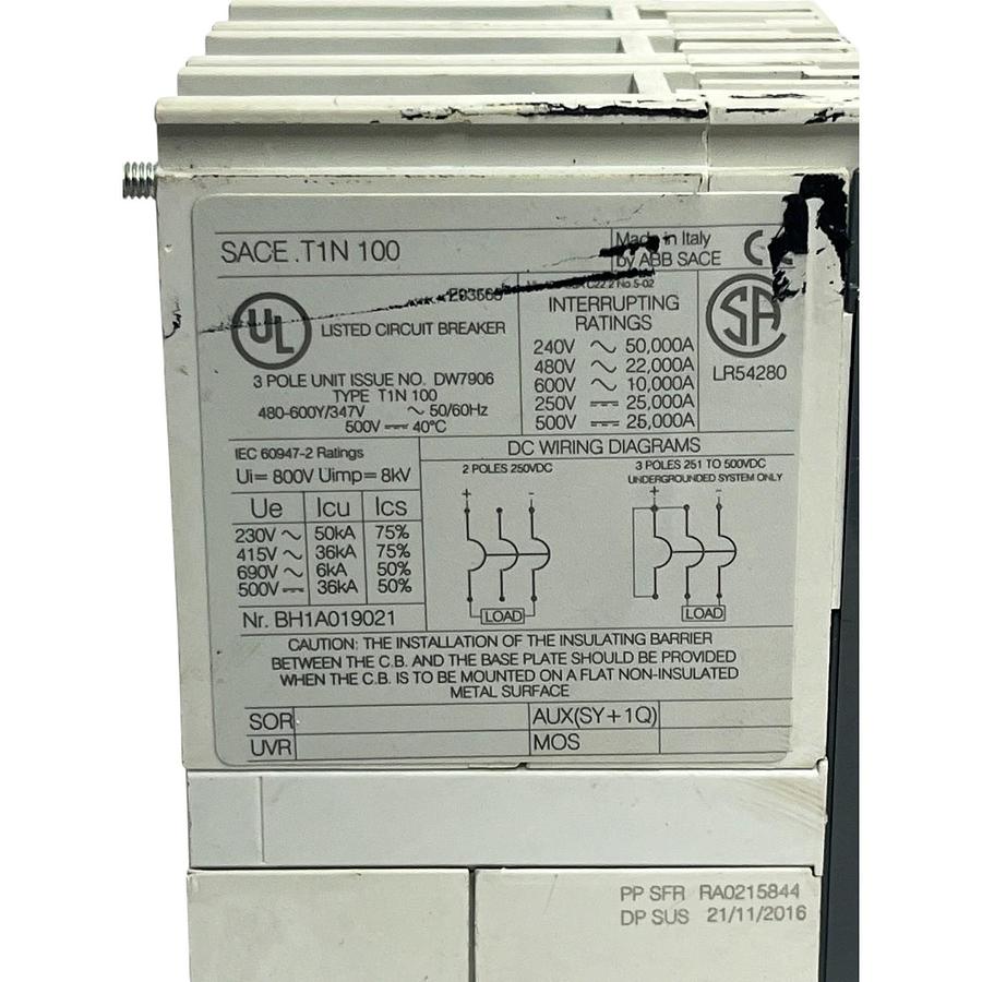 Used ABB SACE Tmax T1N100 100A 3P 480V/600V Circuit Breaker w/ Adjustable Dial
