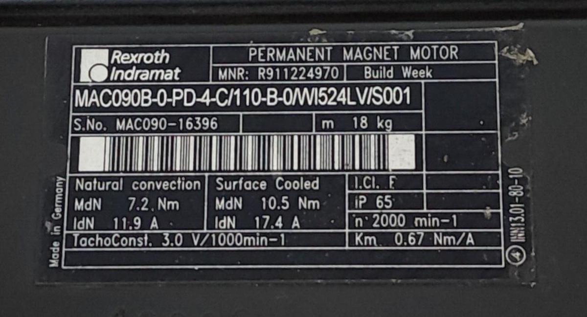 Used REPAIRED REXROTH INDRAMAT MAC090B-0-PD-4-C/110-B-0/WI524LV/S001 SERVO R911224970