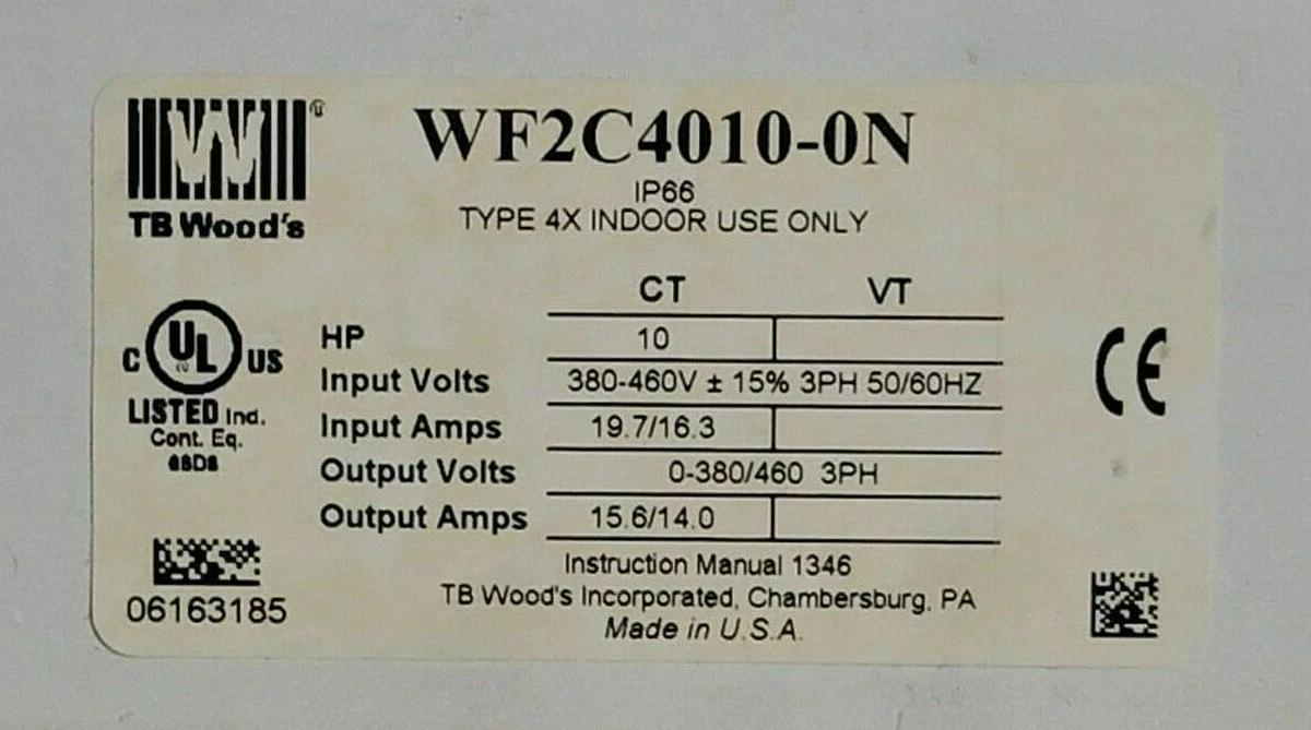 Used DANFOSS VACON TB WOODS WF2C4010-0N DRIVE 10HP 460VAC 3PHASE NEMA 1