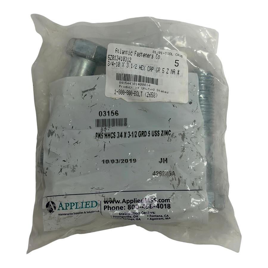 Atlantic Fasteners 3/4-10 x 3-1/2 Hex Cap Bolt Grade 5 Zinc Sealed Pack of 5