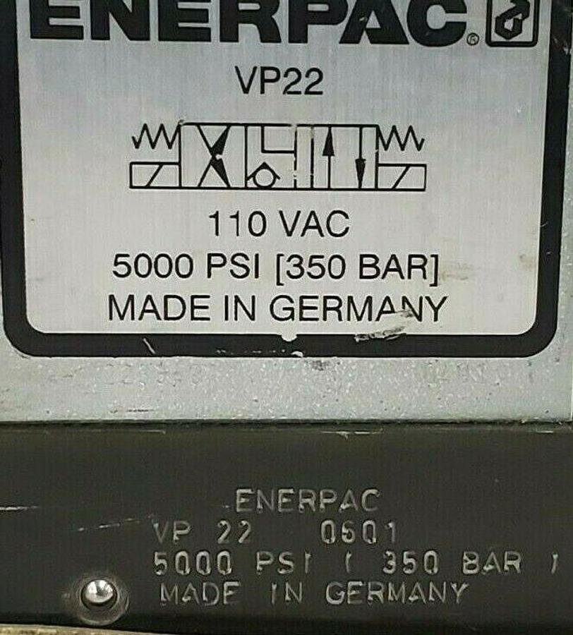 Used NEW ENERPAC VP22 SOLENOID VALVE 110 VAC, 5000 PSI (350 BAR) VP-22-0501