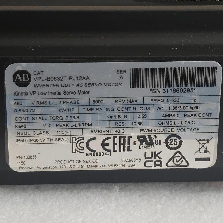 Used Allen-Bradley VPL-B0632T-PJ12AA /A Kinetix VPL Low Inertia Servo Motor 480V NSNP