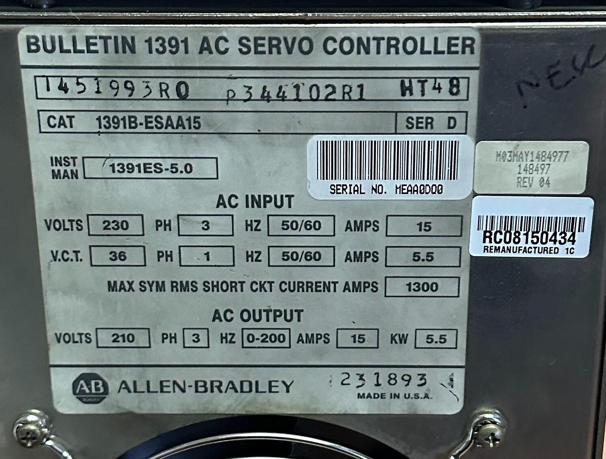 Used REPAIRED ALLEN BRADLEY 1391B-ESAA15 /D AC SERVO CONTROLLER 230V 15A 1391BESAA15