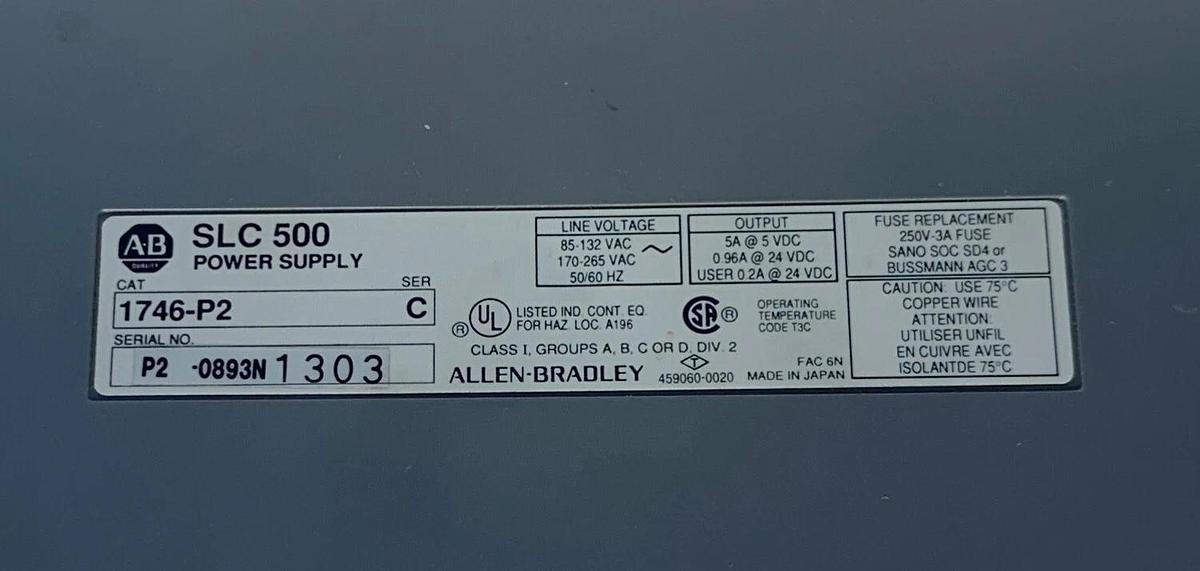 Used ALLEN BRADLEY 1746-P2 /C SLC 500 POWER SUPPLY W/ 1746-A7 /A SLOT RACK 7SLOT USNP