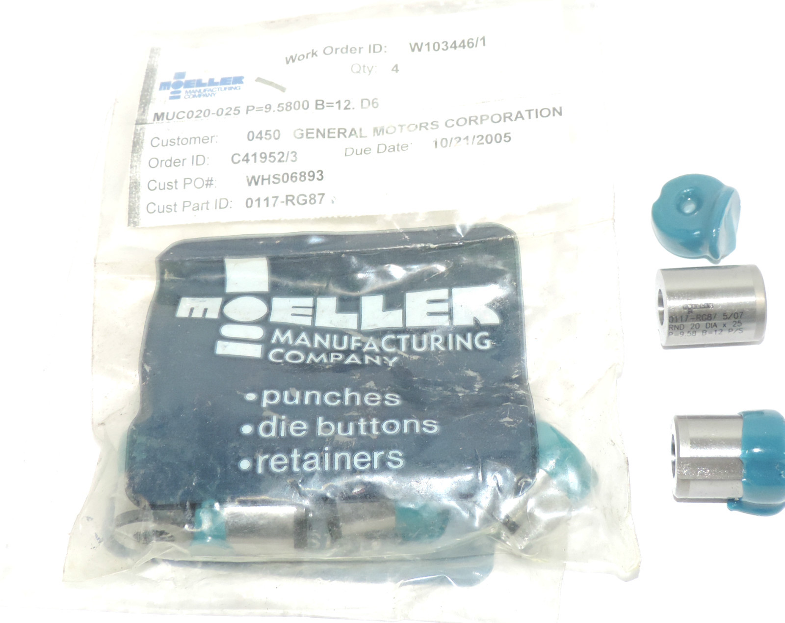 Used LOT OF 6 NEW MOELLER 0117-RG87 PUNCHES RND 20 DIA X 25, P=9.58 B=12 P/S