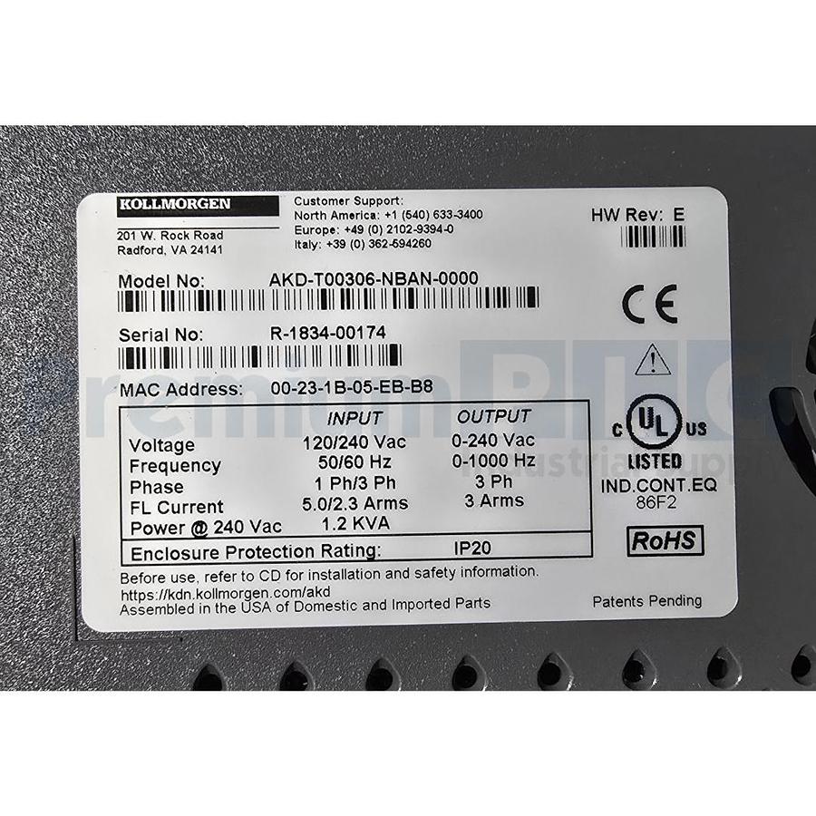 Used NEW KOLLMORGEN AKD-T00306-NBAN-0000 AKD ENET AC SERVO DRIVE 1.1kW/1100W NSMP