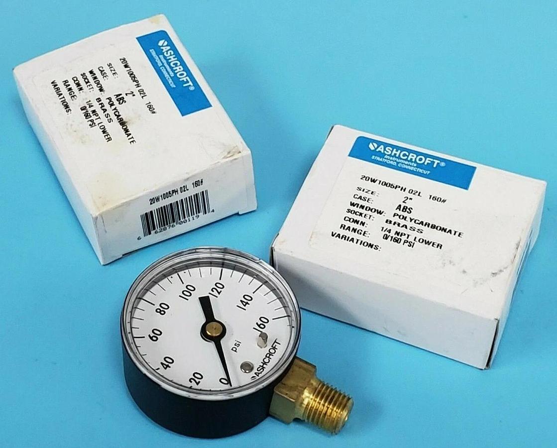 Used LOT OF 2 NIB ASHCROFT 20W1005PH 02L 160# PRESSURE GAUGES 0-160PSI, 1/4 NPT LOWER