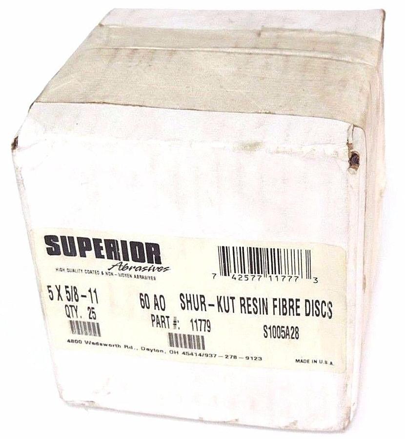 Used NIB SUPERIOR ABRASIVES 5X5/8-11 60 AO RESIN FIBRE DISCS PART #: 11779 (QTY: 25)
