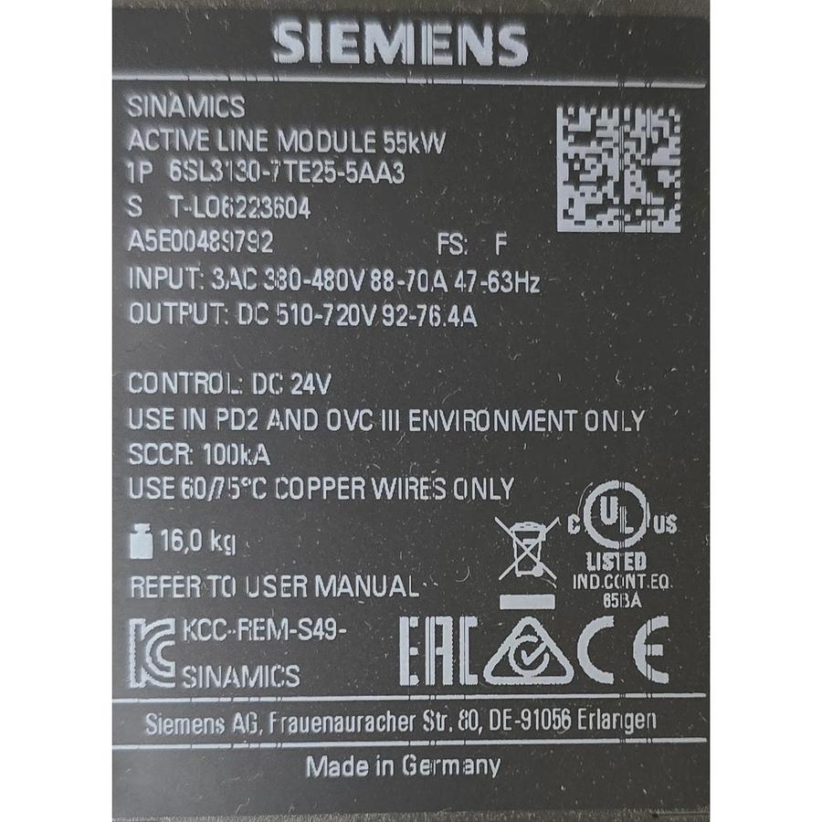 Used SIEMENS 6SL3130-7TE25-5AA3 SINAMICS S120 ACTIVE LINE MODULE 55kW 92A NSMP