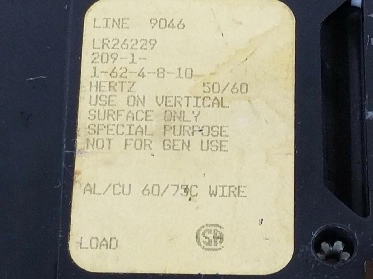 Used SENSATA / AIRPAX 209-1-1-62-4-8-10 CIRCUIT BREAKER LR26229 1P MG-6872 120/240VAC