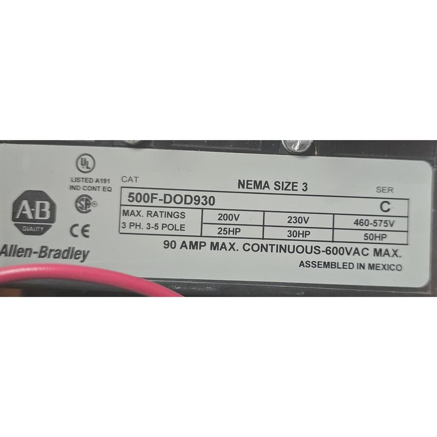 Used ALLEN BRADLEY 509-DOD SER 1 NEMA SIZE 3 STARTER 120V 500F-DOD930 W/592-EUTD NSMP