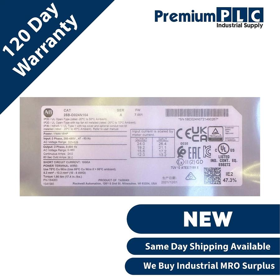 Used NEW ALLEN BRADLEY 25B-D024N104 /A PowerFlex 525 AC DRIVE 11kW/15HP MFD: 2021