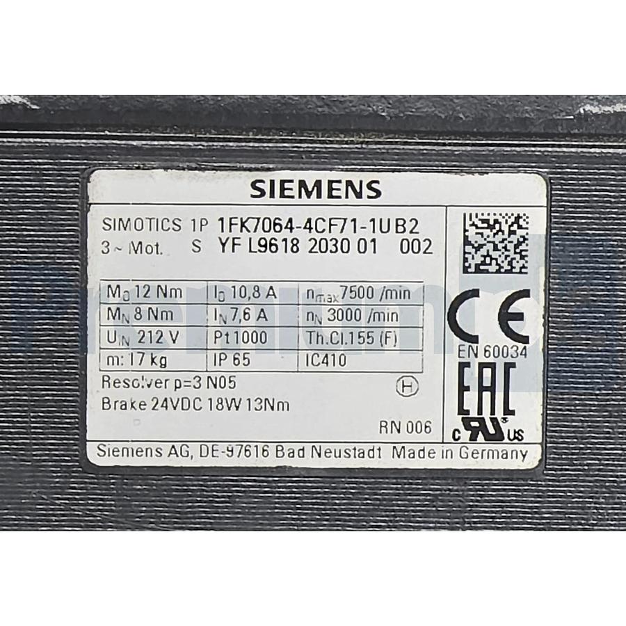 SIEMENS 1FK7064-4CF71-1UB2 SIMOTICS S120 SERVO MOTOR 2.5kW w/HOLDING BRAKE NSNP