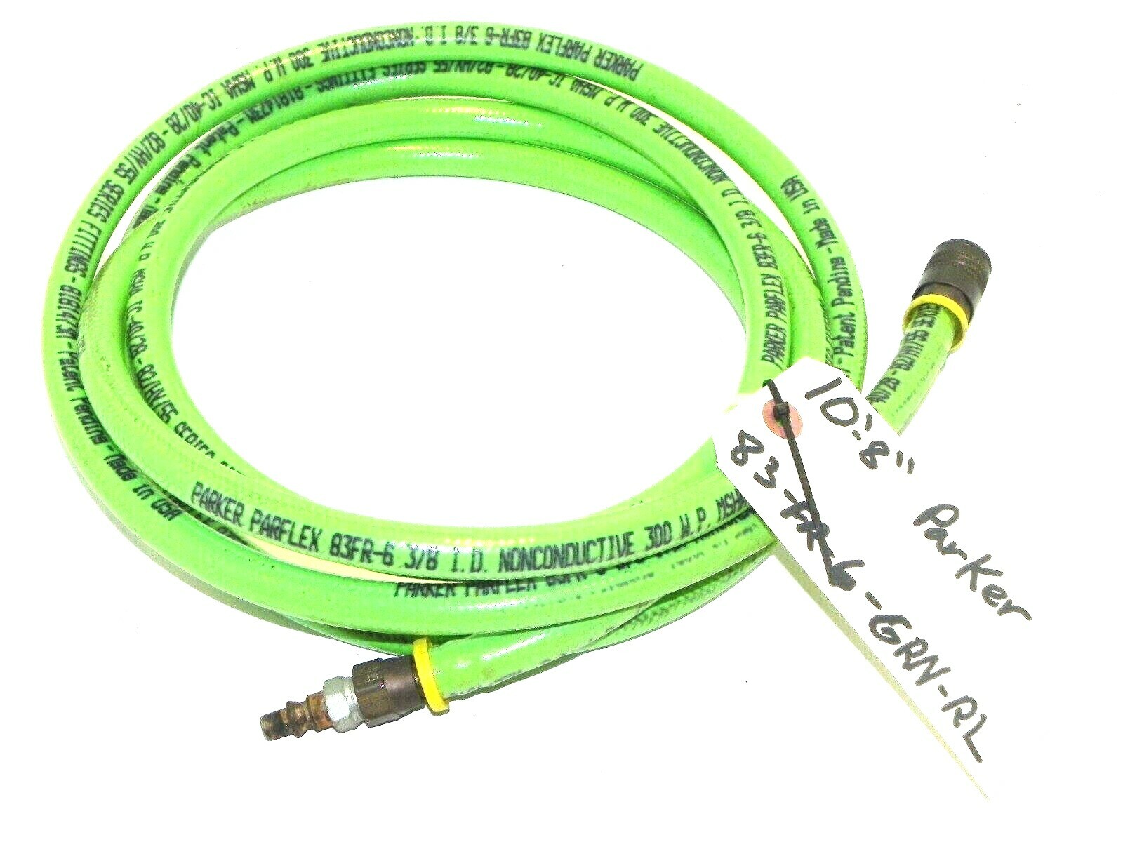 Used PARKER PARFLEX HYDRAULIC HOSE 83-FR-6-GRN-RL 3/8" ID  L: 10' FT 8"IN  W/FITTINGS