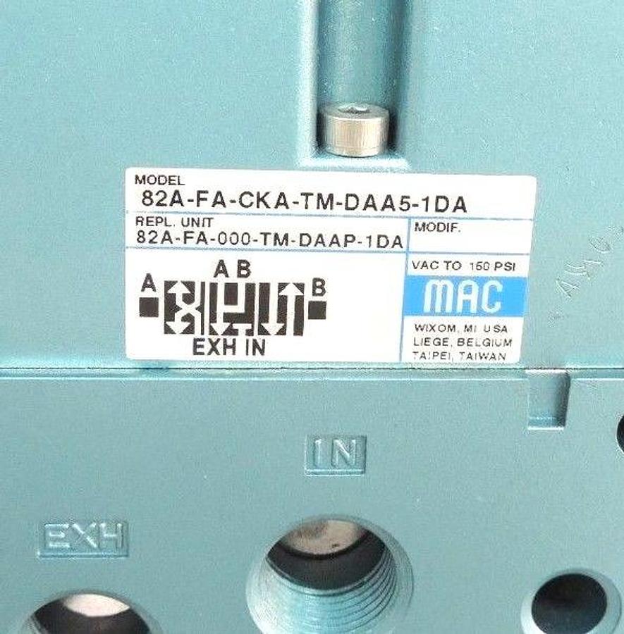 Used MAC 82A-FA-CKA-TM-DAA5-1DA VALVE W/ TM-DAAP-1DA SOLENOIDS 6.4 WATTS *NO HARDWARE
