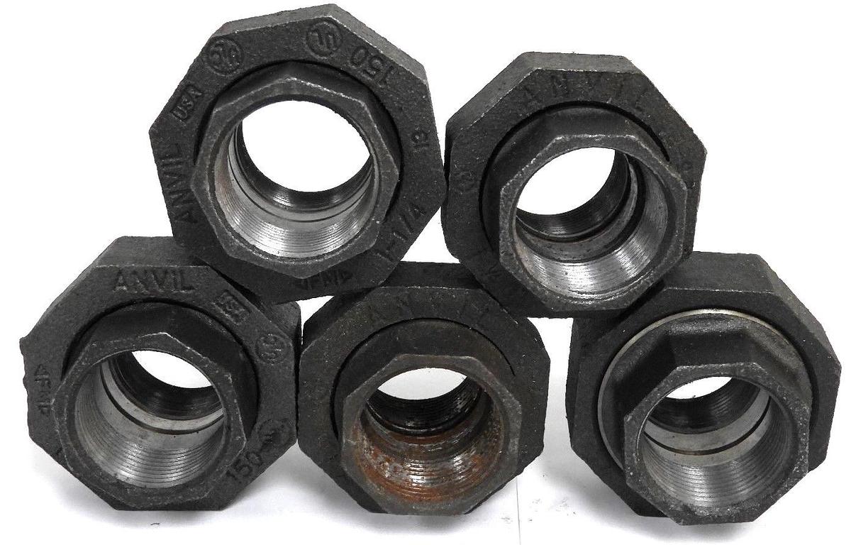 Used LOT OF 5 NEW ANVIL 1-1/4" BLACK PIPE UNIONS
