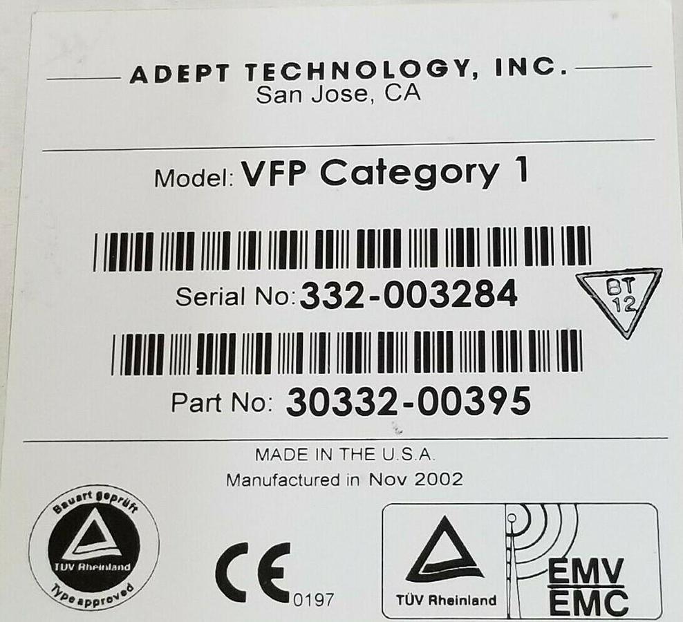 Used ADEPT TECH. MODEL: VFP CATEGORY 1 CONTROL PANEL PART NO: 30332-00395 10332-00395