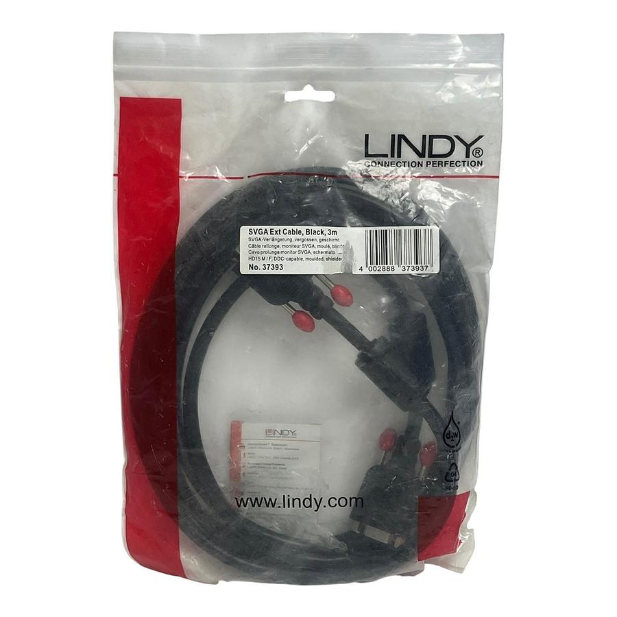 Lindy 37393 SVGA Monitor Extension Cable Black 3m HD15 M/F Shielded NEW