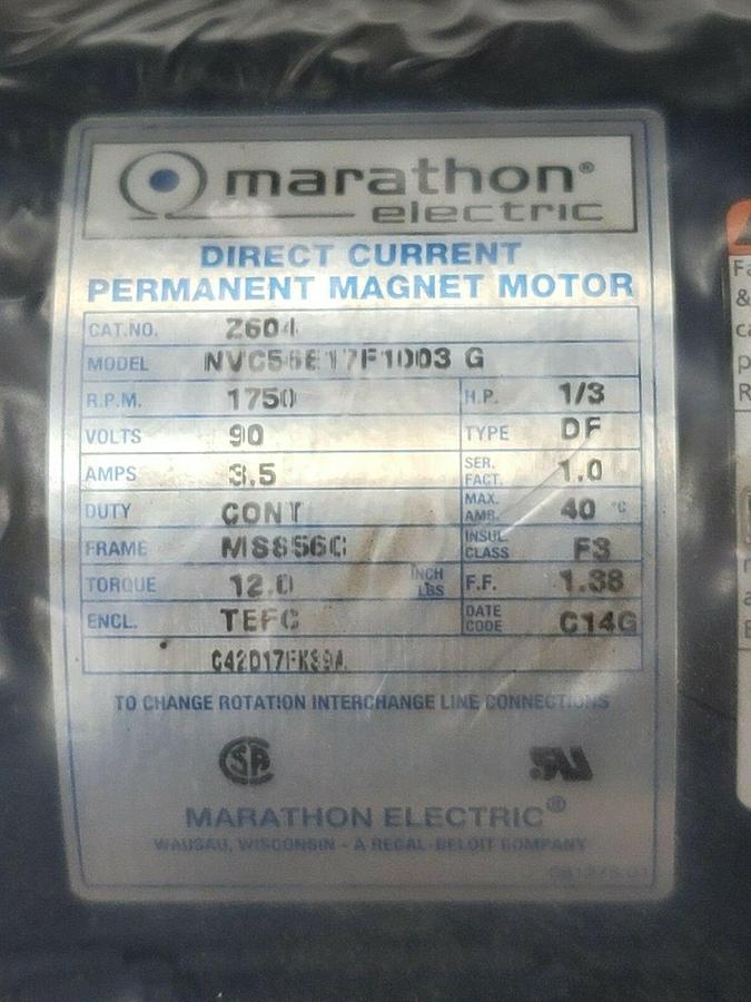 NEW MARATHON ELECTRIC Z604 MOTOR NVC56E17F1003 G 1/3 HP 1750 RPM 90 V 3.5 AMP