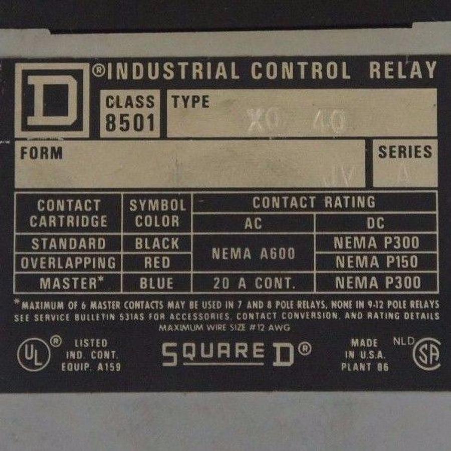 Used SQUARE D 8501-X0-40 TYPE X CONTROL RELAY SER A FORM JV 8501XO40 8501X040