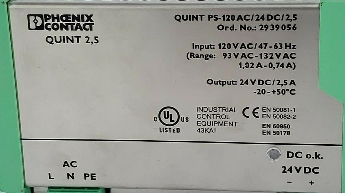 Used PHOENIX CONTACT QUINT-PS-120AC/24DC/2.5 POWER SUPPLY ORD. NO.: 2939056