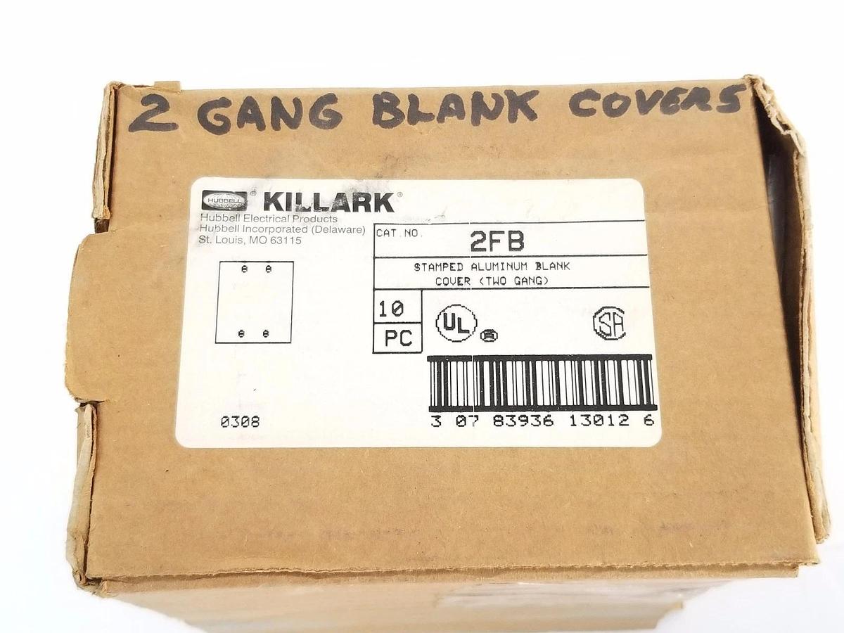 Used BOX OF 10 NEW HUBBELL KILLARK 2FB STAMPED ALUMINUM BLANK COVERS (2 GANG)