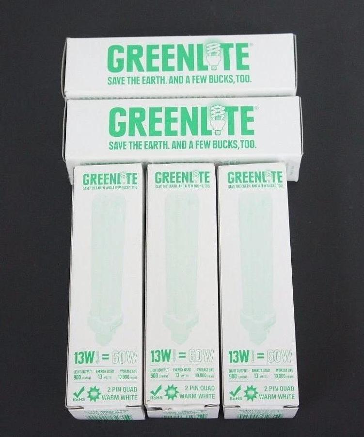 LOT OF 5 NIB GREENLITE 13W/Q/2P COMPACT FLUORESCENT LAMPS 13W 120V