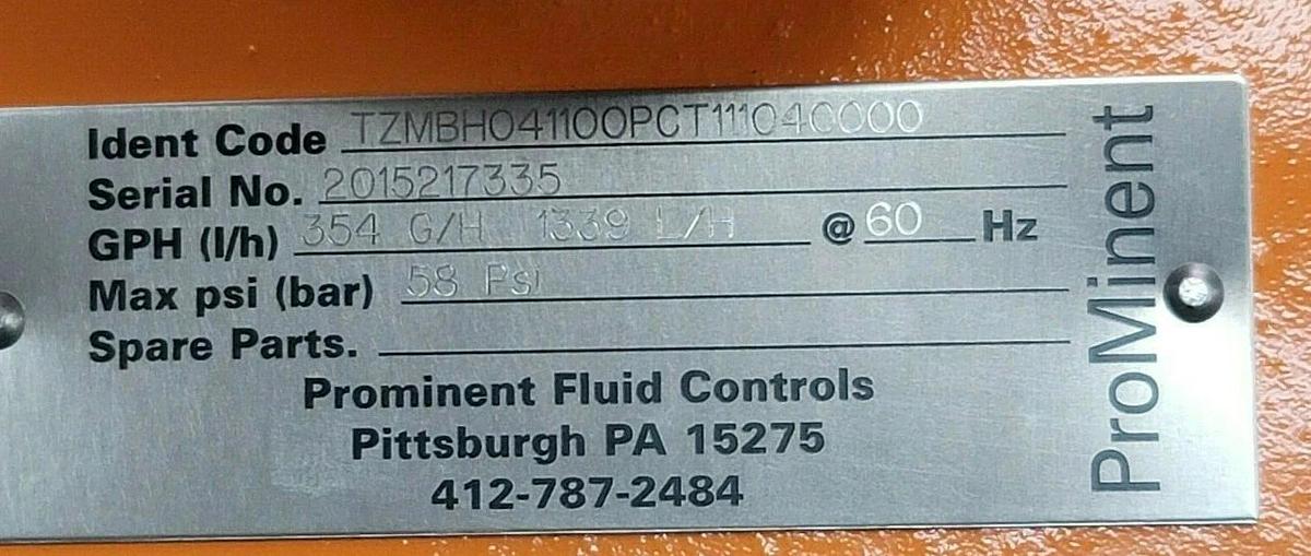 Used NEW PROMINENT TZMBH041100PCT111040000 354 G/H 58 PSI. 1339 L/H P/N: 20.1517335