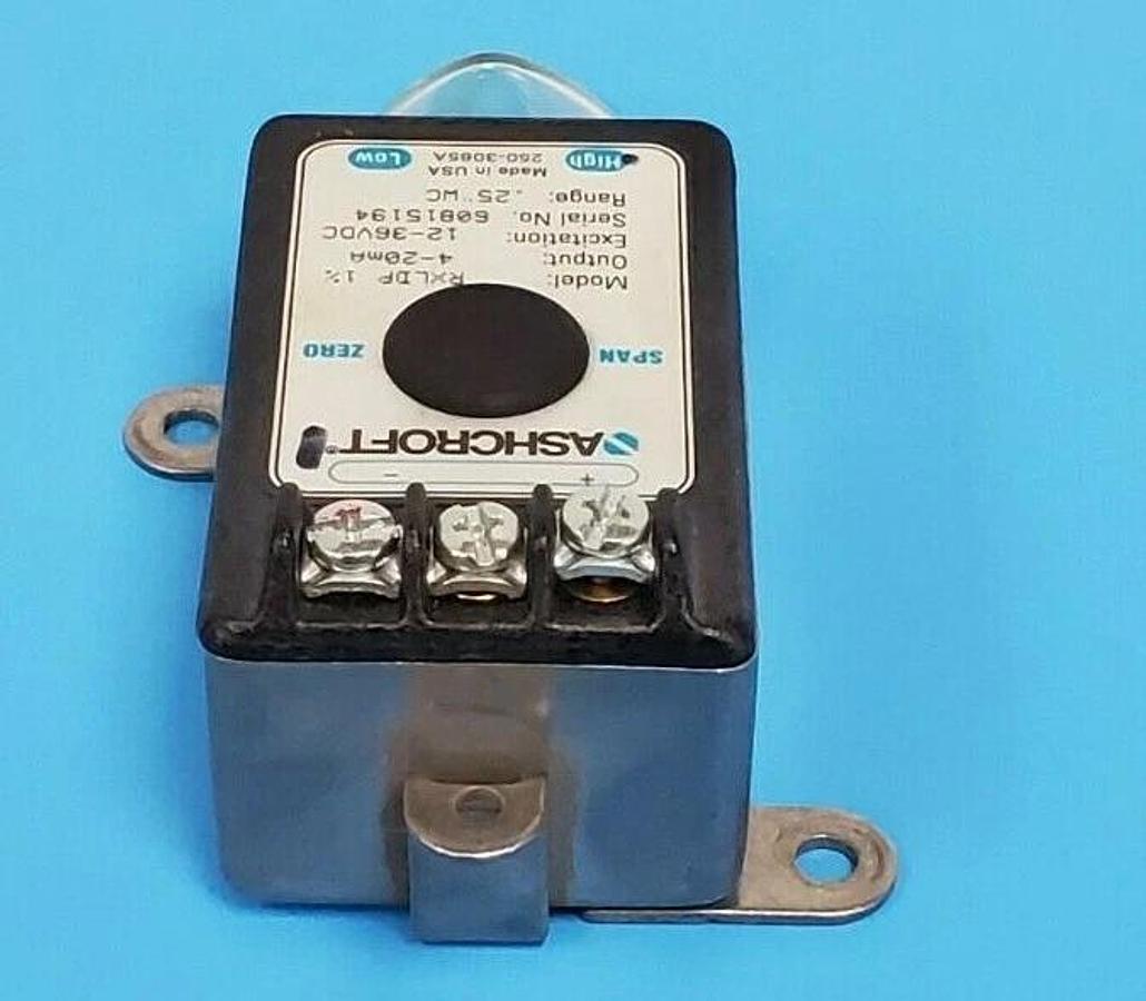 Used ASHCROFT RXLDP 1% PRESSURE TRANSMITTER 4-20mA, 12-36VDC, 0.25" WC RANGE