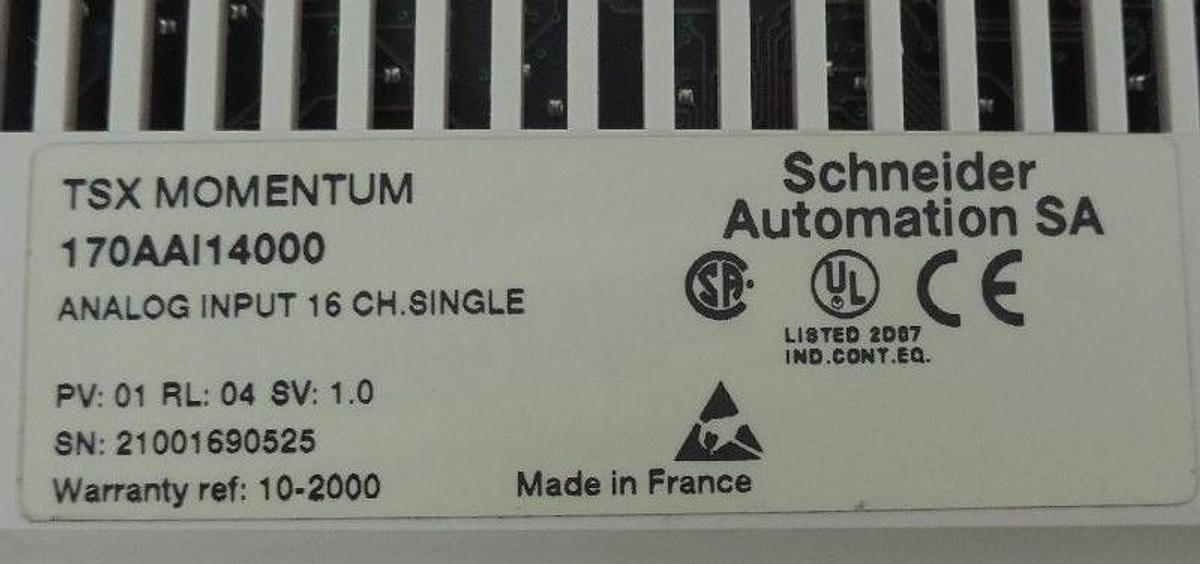 Used SCHNEIDER ELECTRIC 170AAI14000 ANALOG INPUT MODULE 16 CH. SINGLE PV:01, RL:04