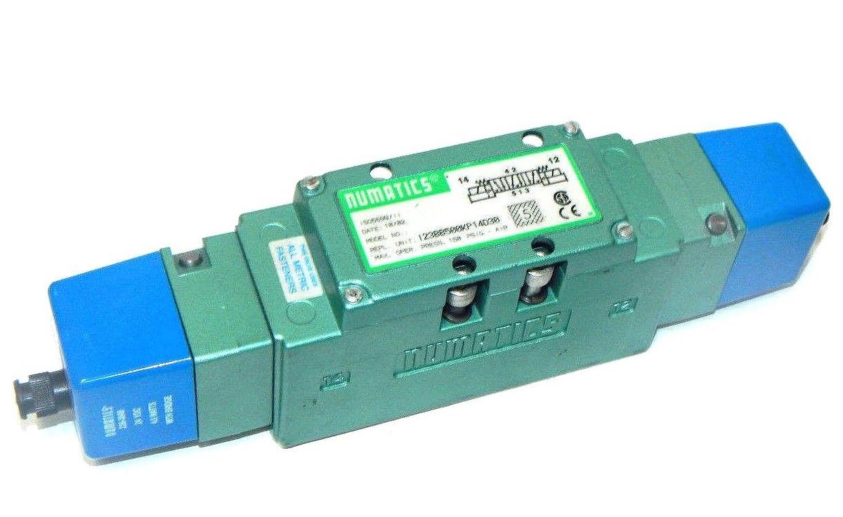 Used NEW NUMATICS 123BB500KP14D30 PNEUMATIC VALVE 150 PSI, W/ NUMATICS 236-384B COILS