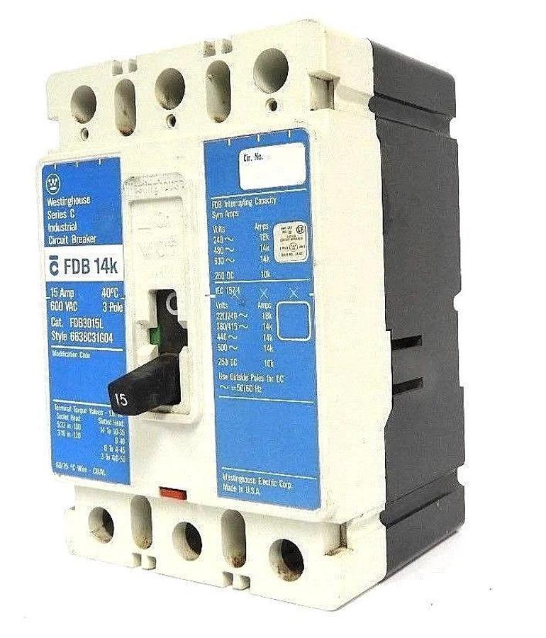 Used WESTINGHOUSE FDB3015L CIRCUIT BREAKER S# 6638C31G04, 15 AMP, SERIES C