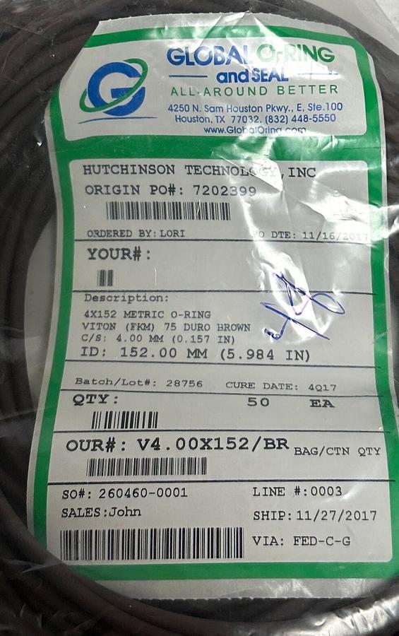 Used 48 GLOBAL O-RING AND SEAL V4.00X152/BR / 4X152 METRIC O-RINGS 152mm 75 DURO NSMP
