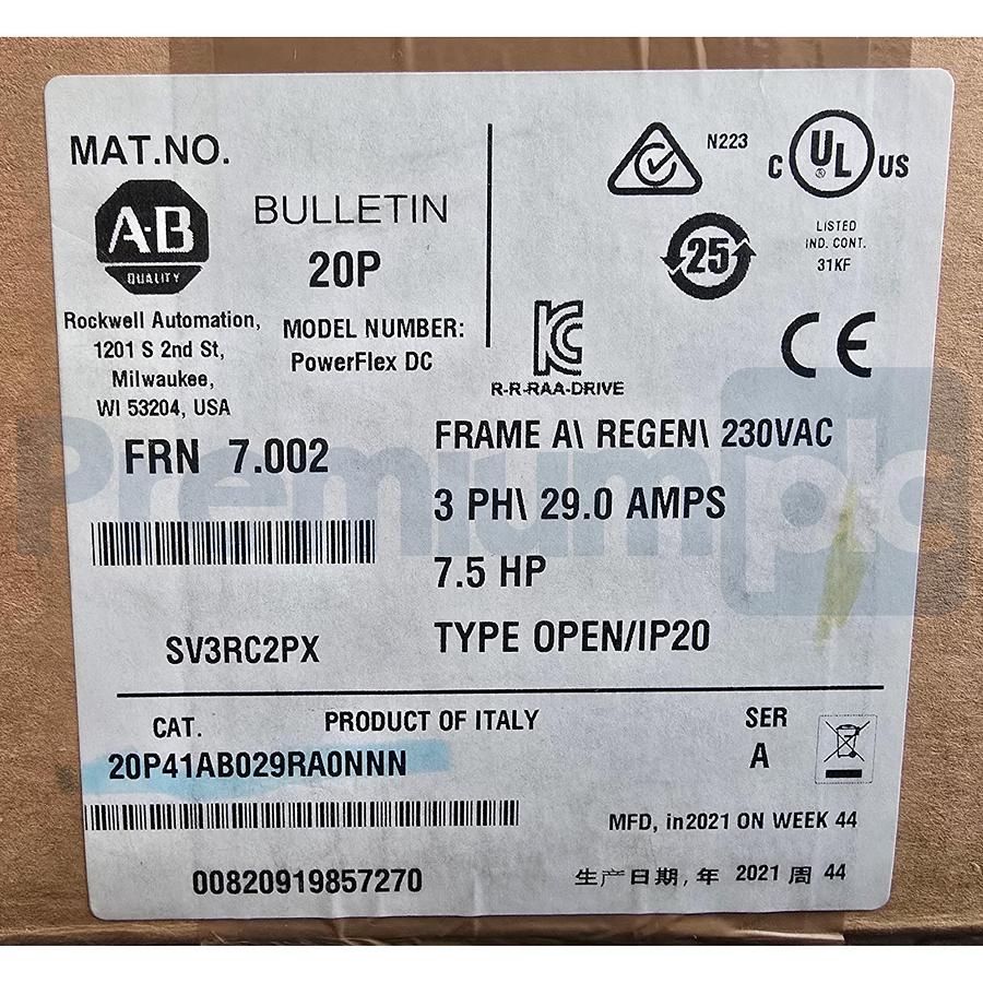 Used ALLEN BRADLEY 20P41AB029RA0NNN /A PowerFlex DC DRIVE 240VAC 3PH/29A 7.5HP NSMP