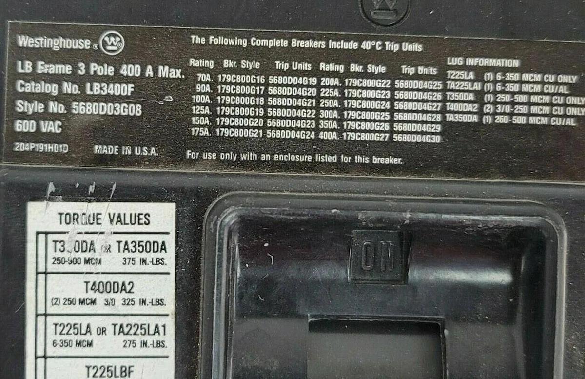 EATON WESTINGHOUSE LB3400F CIRCUIT BREAKER 3P 400A 5680D03G08 w/ 300A TRIP NSNP