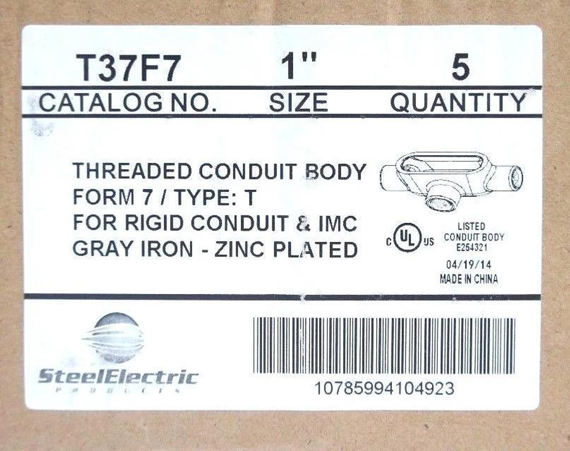 BOX OF 5 NEW STEEL ELECTRIC T37F7 1" THREADED CONDUIT BODIES FORM 7, TYPE T, T37