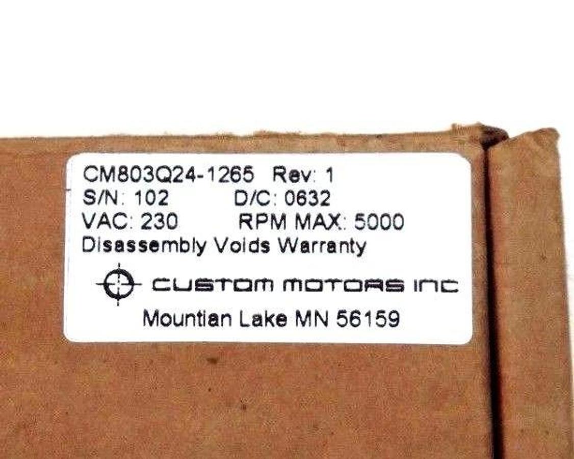 Used NIB CUSTOM MOTORS INC CM803Q24-1265 SERVO MOTOR REV 1230VAC 5000RPM MAX