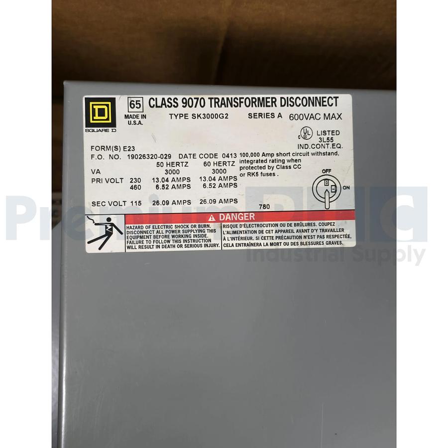 Used SQUARE D 9070SK3000G2D1E23 9070 TRANSFORMER DISCONNECT 3kVA PRI.240x480V NSMP