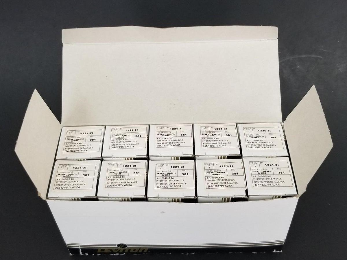 Used Box of 10 Leviton 1221-2I Ivory Toggle Switch 20A 120/277V Grounding - New