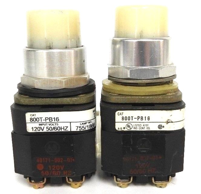 Used LOT OF 2 ALLEN BRADLEY 800T-PB16 PUSHBUTTONS SER. T WHITE CAPS 800T-XA SER. D