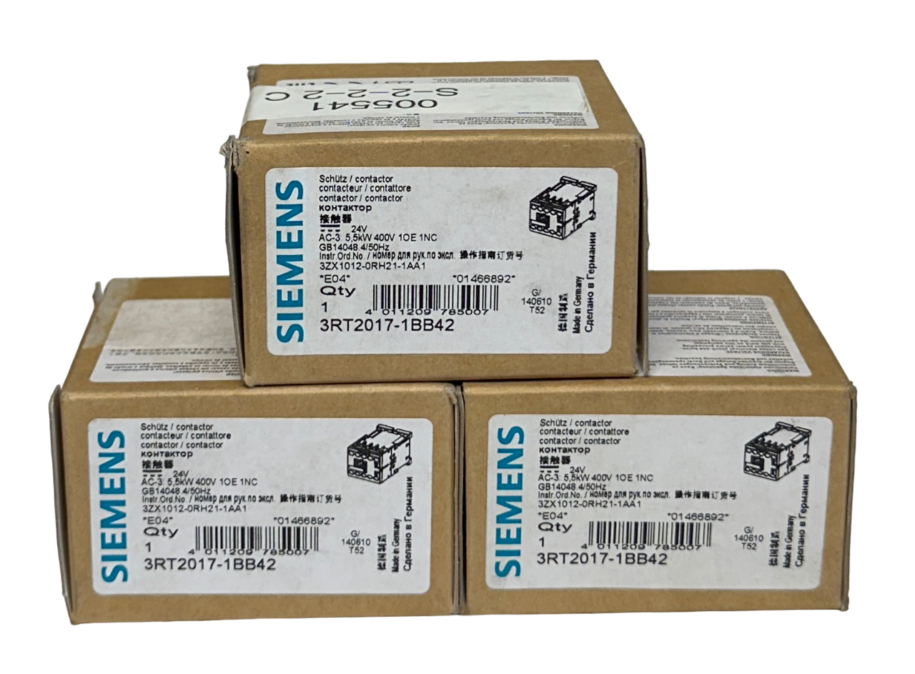 Used 3 SIEMENS 3RT2017-1BB42 / 3RT20171BB42 SIRIUS CONTACTORS 24VDC 5.5kW/400V NSMP