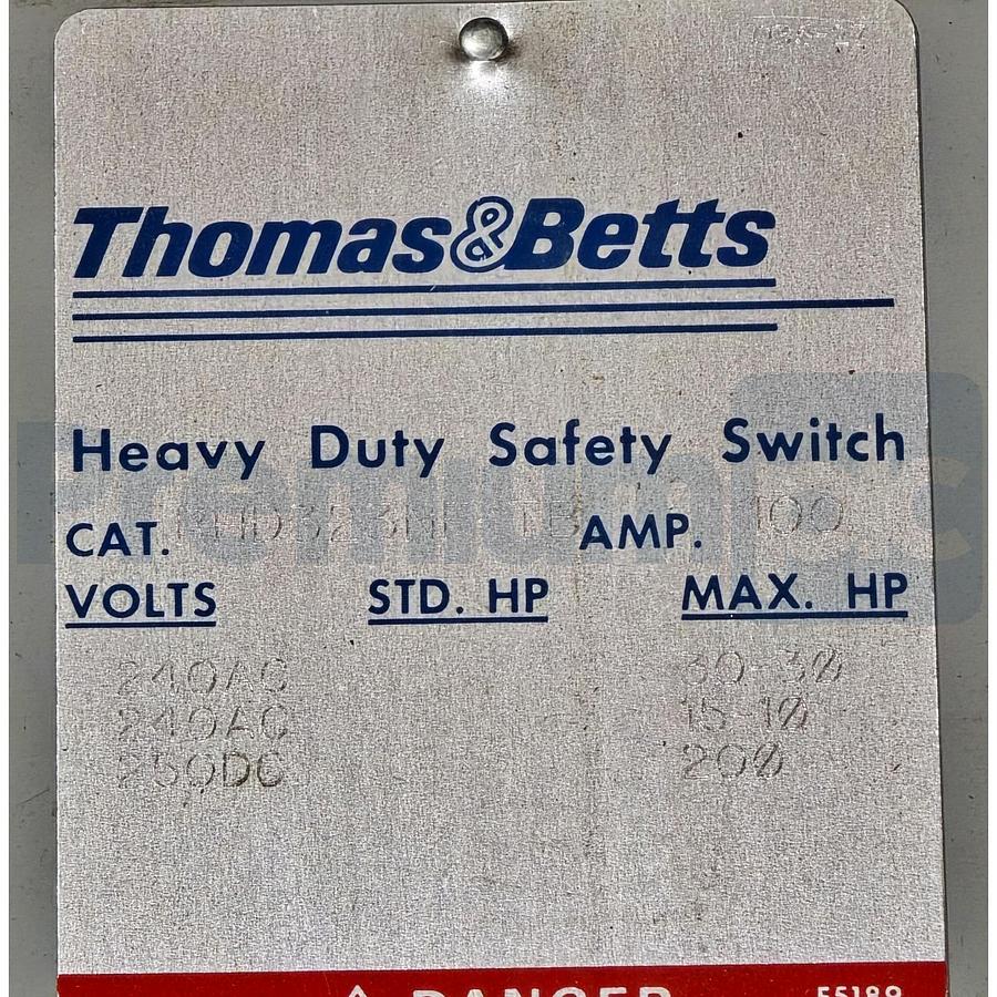Used Thomas & Betts RHD323NF-TB | RHD323NFTB 3-P V~240AC/250DC 100A Safety Switch NEW