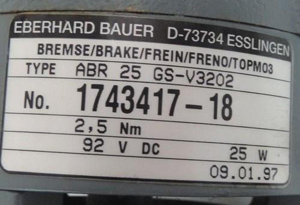 Used EBERHARD BAUER D-73734, NO. 1743417-18 GEAR MOTOR DK74 SZ2-KZ/178-V3209-AS/M
