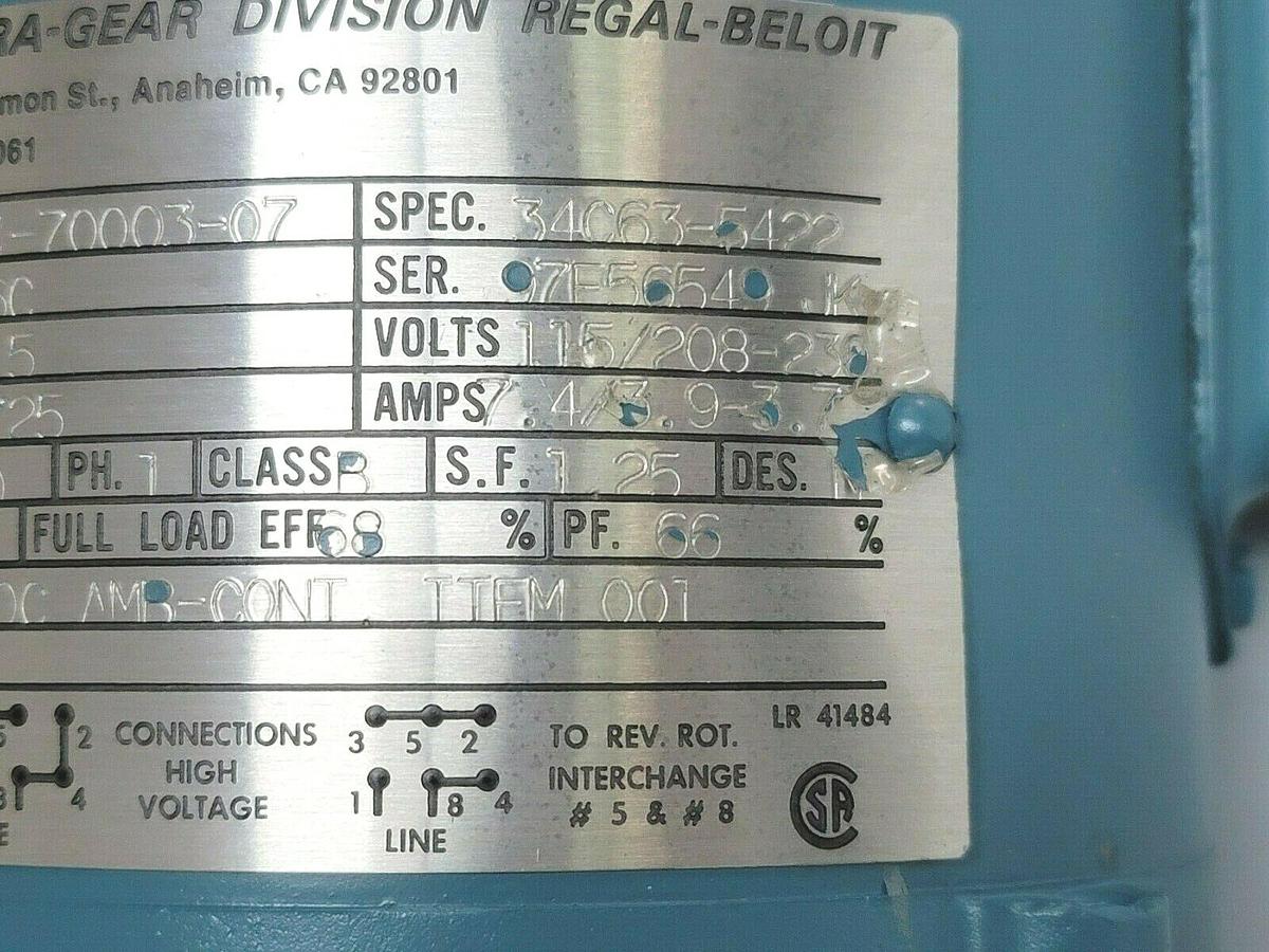 Used ELECTRA-GEAR 64-70003-07 FRAME 56C H.P. 0.5 RPM: 1725 W/ 17RLSC5 RATIO: 12.5/1